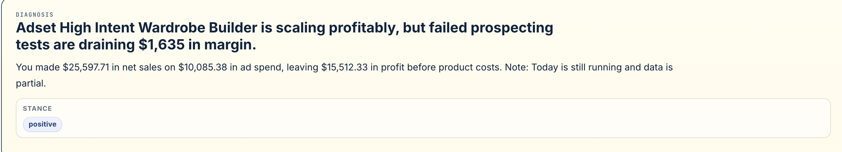 Diagnosis: the adset is scaling profitably, but failed prospecting tests are draining margin, with a positive stance